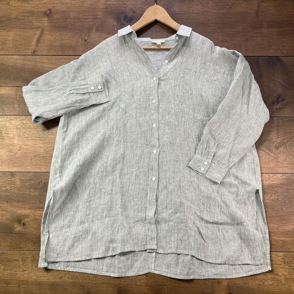 Eileen Fisher 100% Organic Linen Button Down Tunic Shirt Grey White M Oversized
